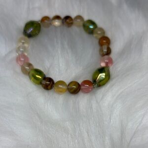 Genuine Watermelon Tourmaline Stretch Bracelet with Vintage Glass Beads
